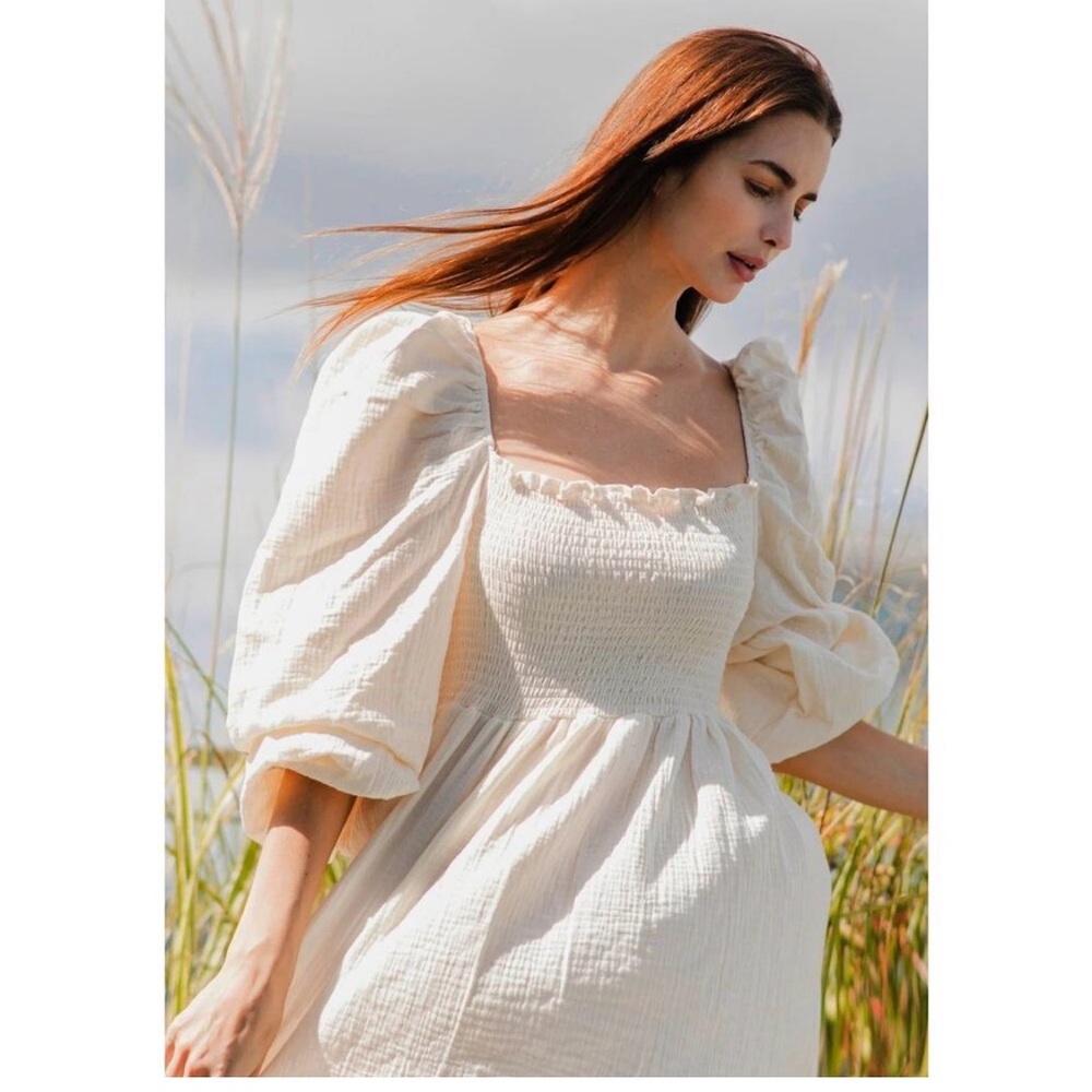 Nothing Fits But Aoi Dress Size M Eggshell Midi Maternity Smocked Cotton NWT